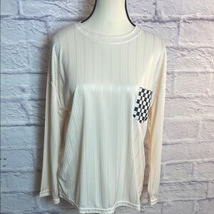 Fashionable Cream Long Sleeve Top w/Trendy Checkered Pocket by Rongtai Size XL